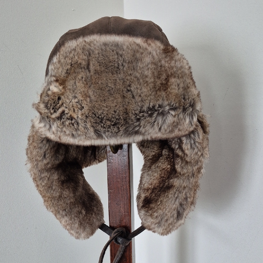 Tan and Brown Faux Fur Aviator Hat with Ear Flaps